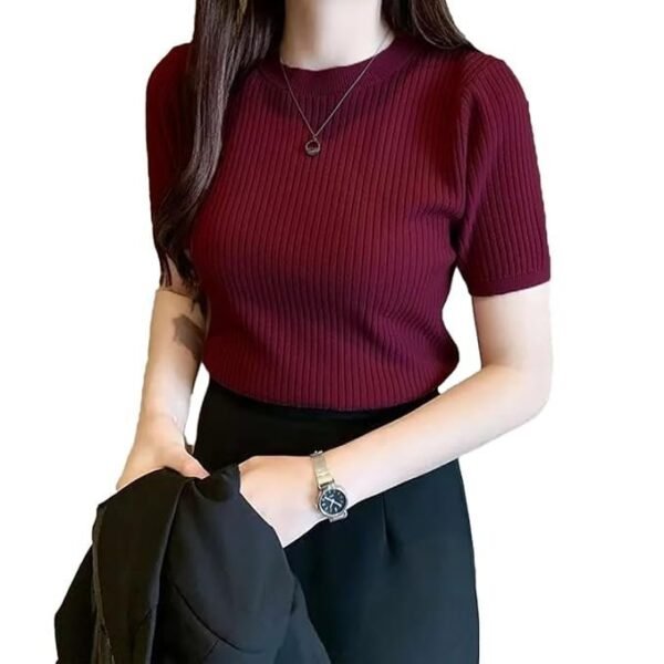 Istyle Can Slim Fit Plain Stretchable Round Neck Rib Knit Short Sleeve Regular Top for Women | T Shirt | Tee