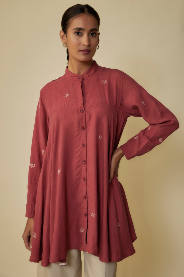 Crimson Pink Fine Silk Hand Embroidered Flared Top