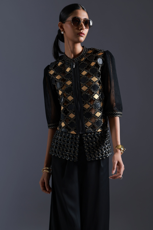 Black & Gold Tulle Cutwork Applique Embroidered Top