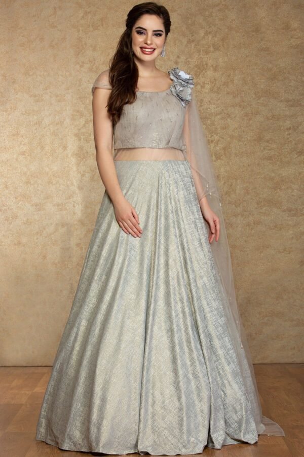 Light Grey Applique Embroidered Silk Evening Gown