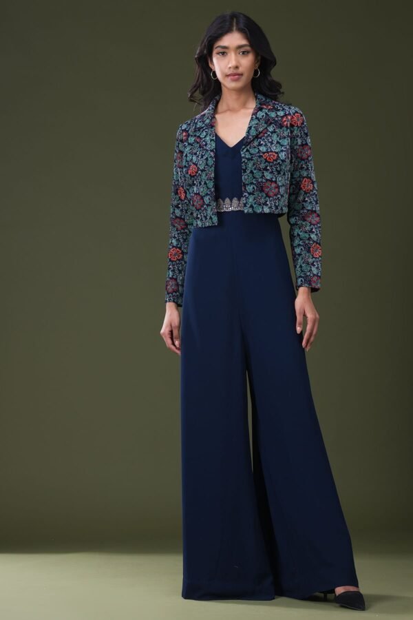 Dark Prussian Blue Abla Embroidered Georgette Jumpsuit