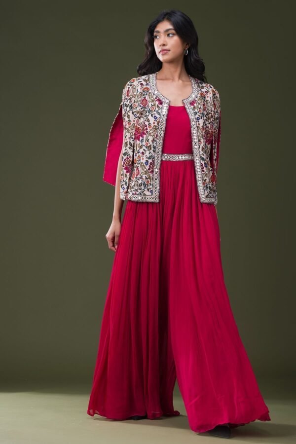 Dark Pink Mirror Embroidered Georgette Jumpsuit