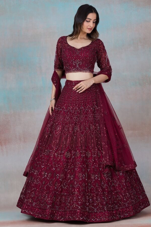 Biking Red Sequins Embroidered Net Sangeet Lehenga