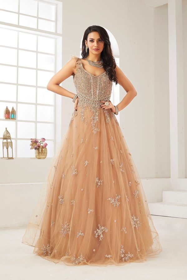 Warm Taupe Sequins Embroidered Net Cocktail Gown