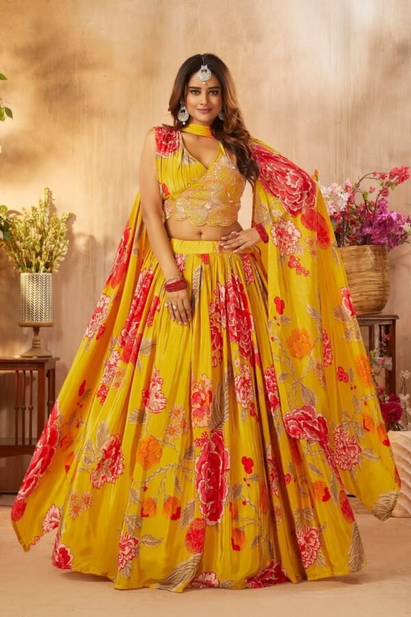 Golden Yellow Printed Crepe Party Wear Lehenga