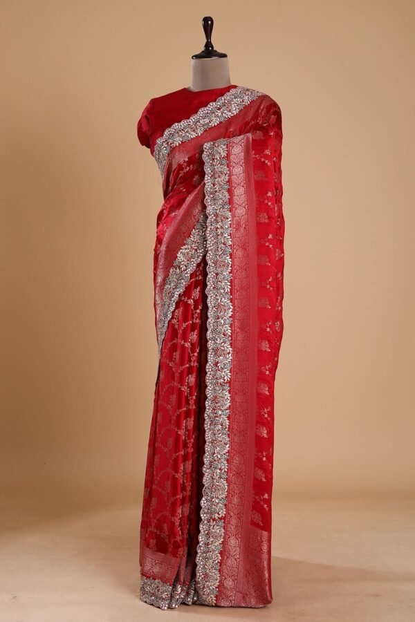 Crimson Red Gota Embroidered Satin Silk Saree